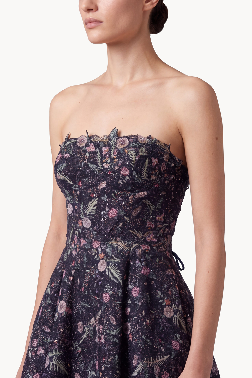 Crystal-Embellished Floral Brocade Mini Dress