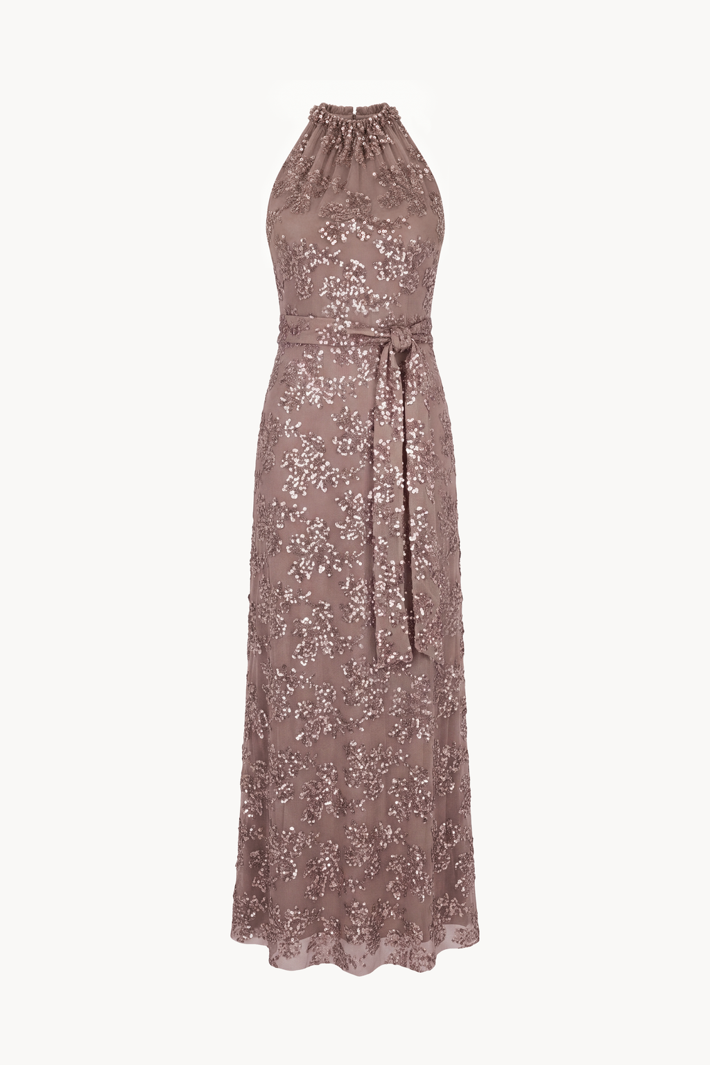 Halter-neck long dress in paillette-embroidered tulle with sash