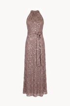Halter-neck long dress in paillette-embroidered tulle with sash