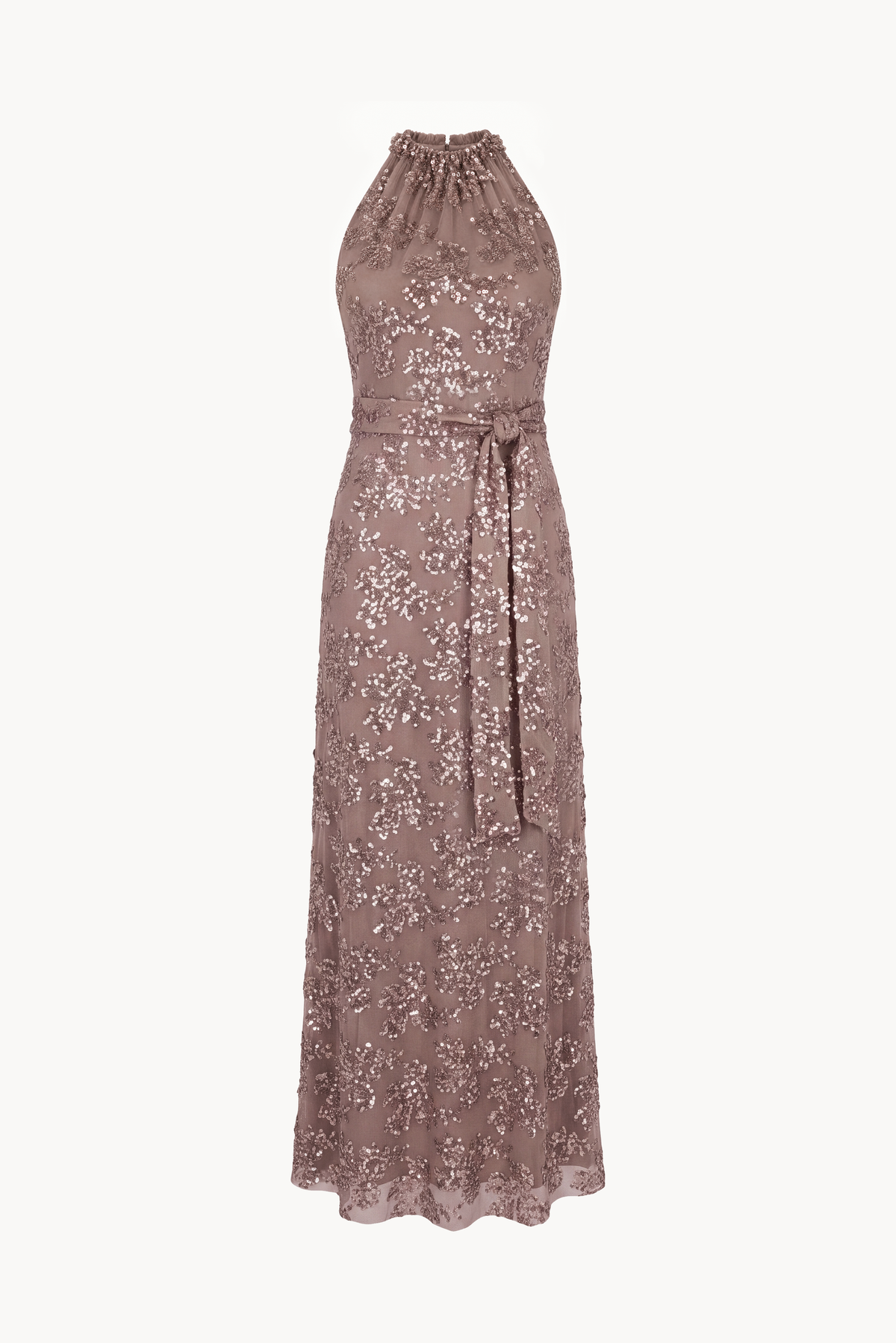 Halter-neck long dress in paillette-embroidered tulle with sash