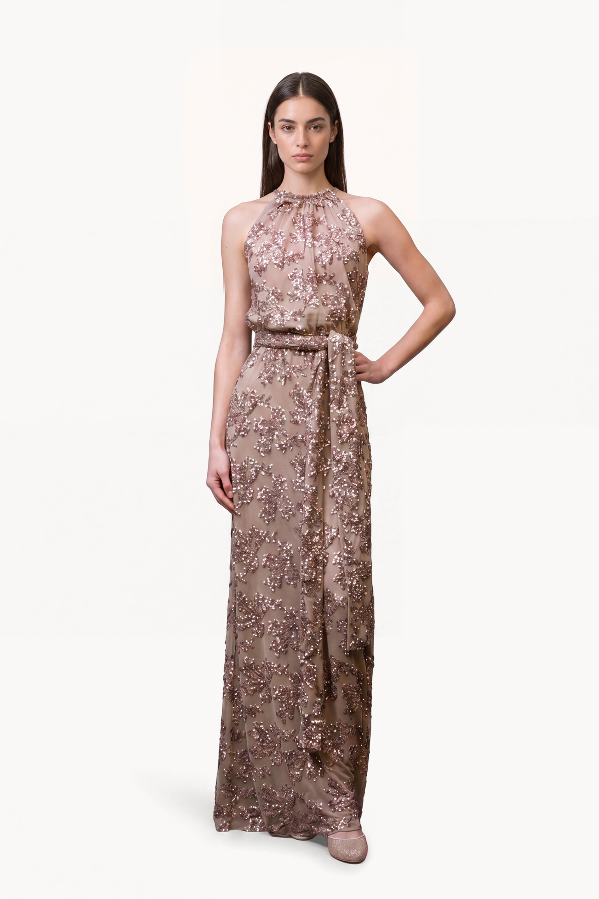 Halter-neck long dress in paillette-embroidered tulle with sash