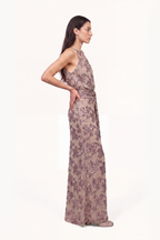 Halter-neck long dress in paillette-embroidered tulle with sash