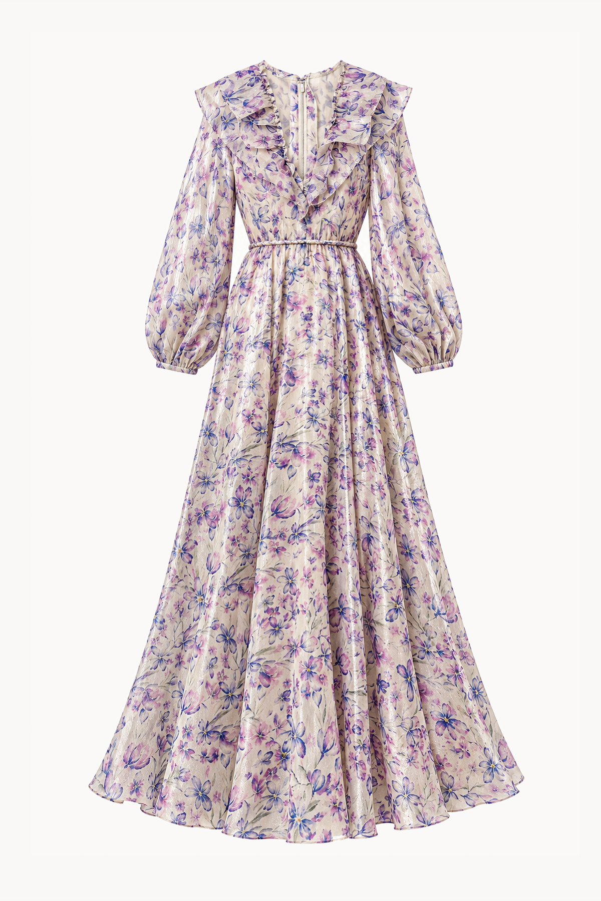 Clematis Flower Ruffled V-neck organza long dress