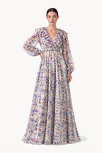 Clematis Flower Ruffled V-neck organza long dress