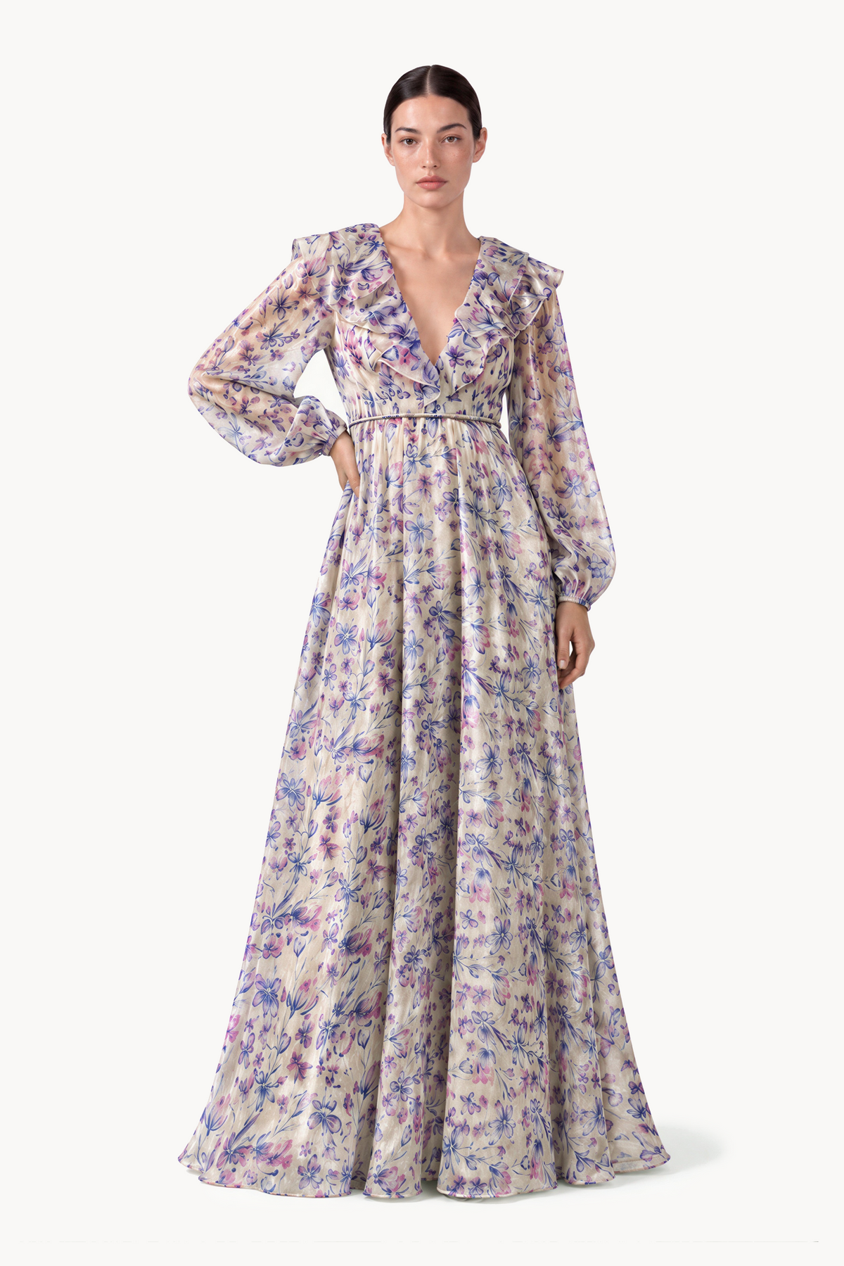 Clematis Flower Ruffled V-neck organza long dress