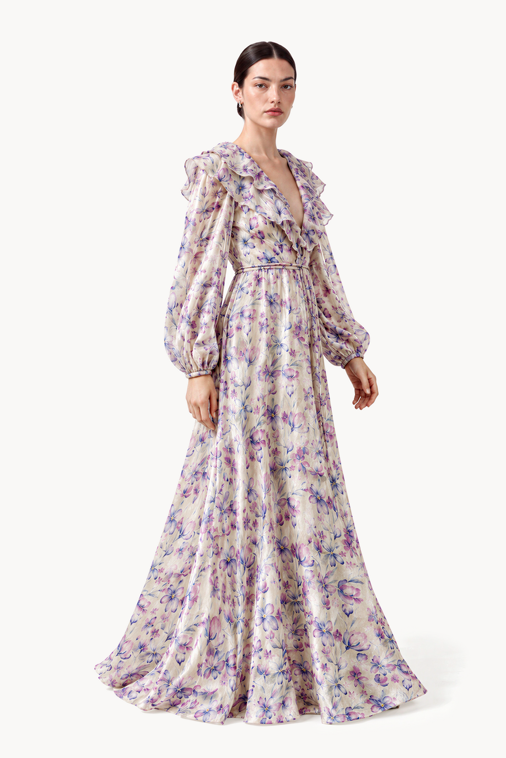 Clematis Flower Ruffled V-neck organza long dress