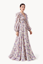 Clematis Flower Ruffled V-neck organza long dress