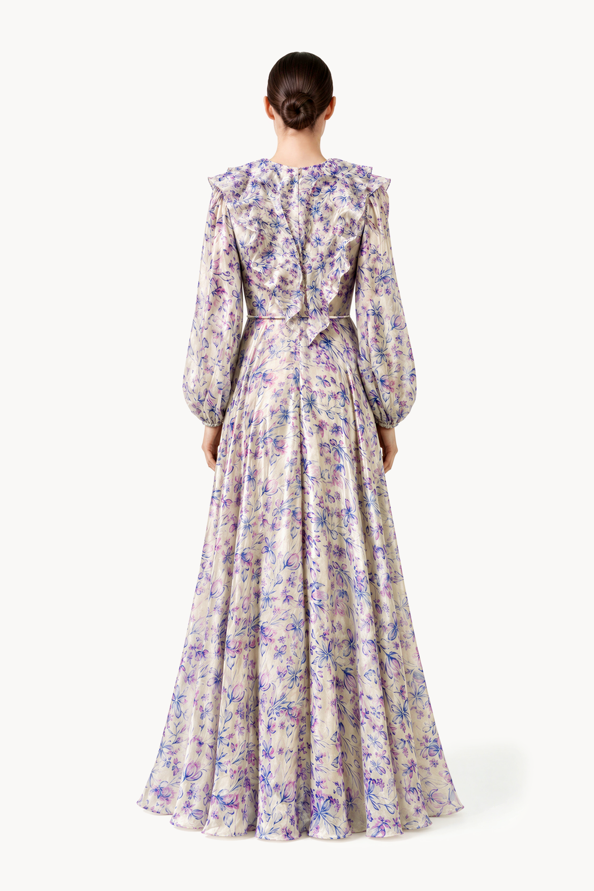 Clematis Flower Ruffled V-neck organza long dress