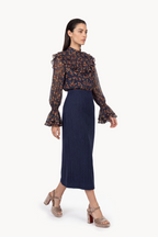 Midi skirt with slit in herringbone fustian