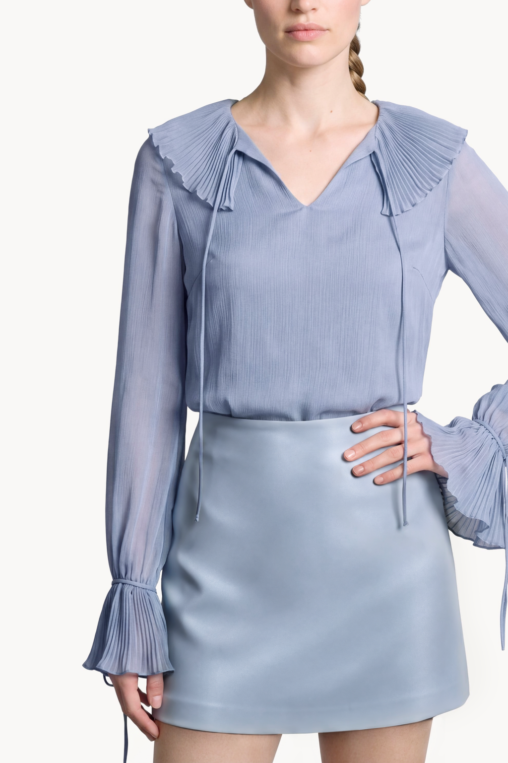 Pleated-ruffle blouse in silk crêponne chiffon