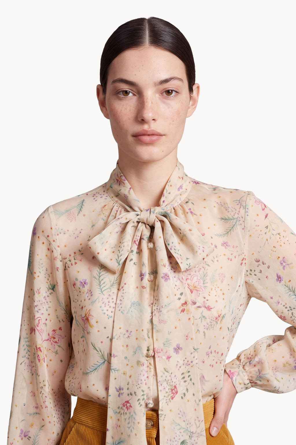 Floral Silk Chiffon Blouse with Bow Collar