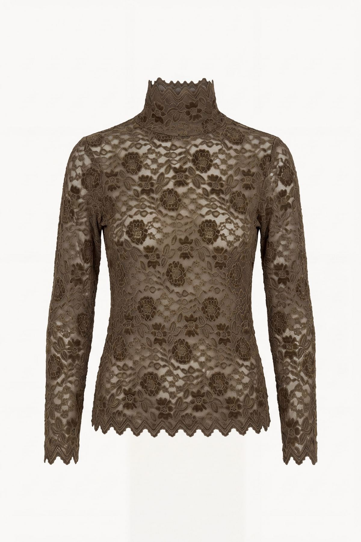 Long-sleeved turtleneck in floral stretch lace