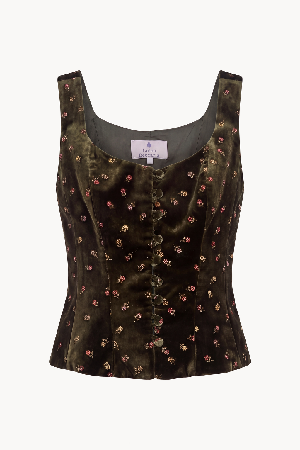 Tailored buttoned vest in floral-embroidered velvet