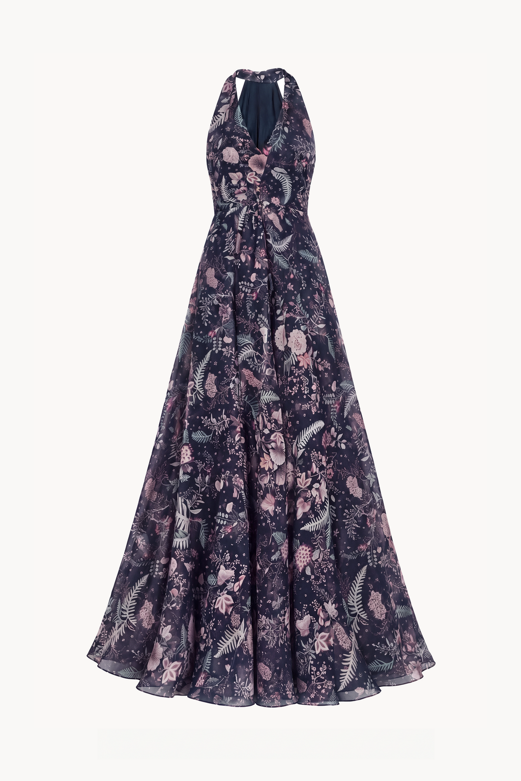 Botanical-Print Silk Chiffon Halter-Neck Gown and Cape