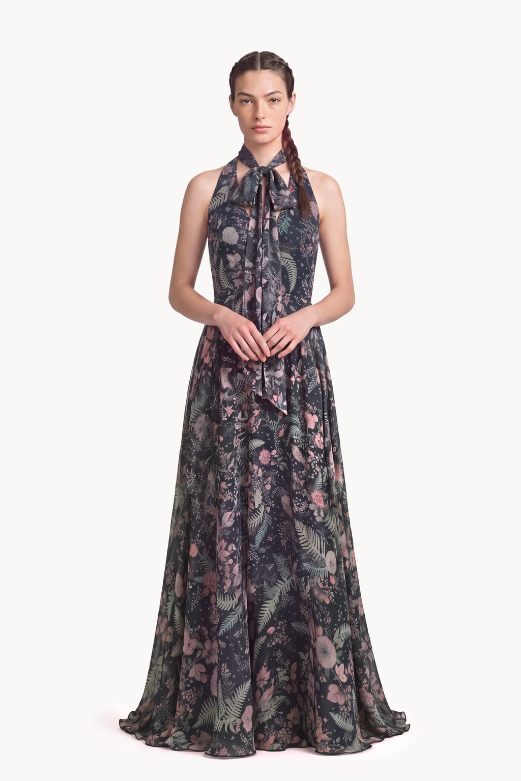 Botanical-Print Silk Chiffon Halter-Neck Gown and Cape