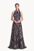 Botanical-Print Silk Chiffon Halter-Neck Gown and Cape