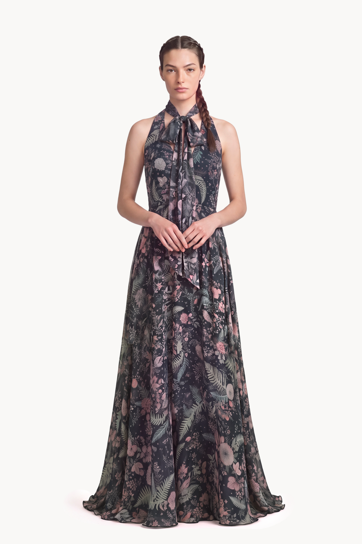 Botanical-Print Silk Chiffon Halter-Neck Gown and Cape