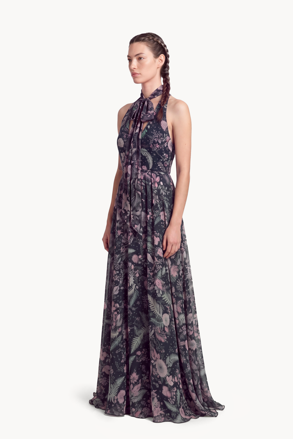 Botanical-Print Silk Chiffon Halter-Neck Gown and Cape