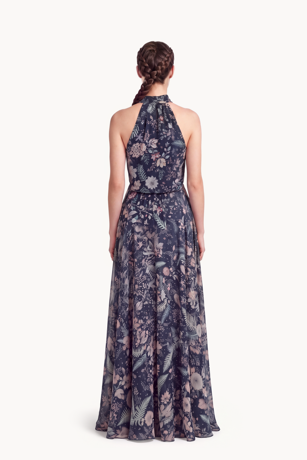 Botanical-Print Silk Chiffon Halter-Neck Gown and Cape