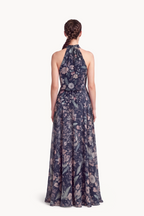 Botanical-Print Silk Chiffon Halter-Neck Gown and Cape