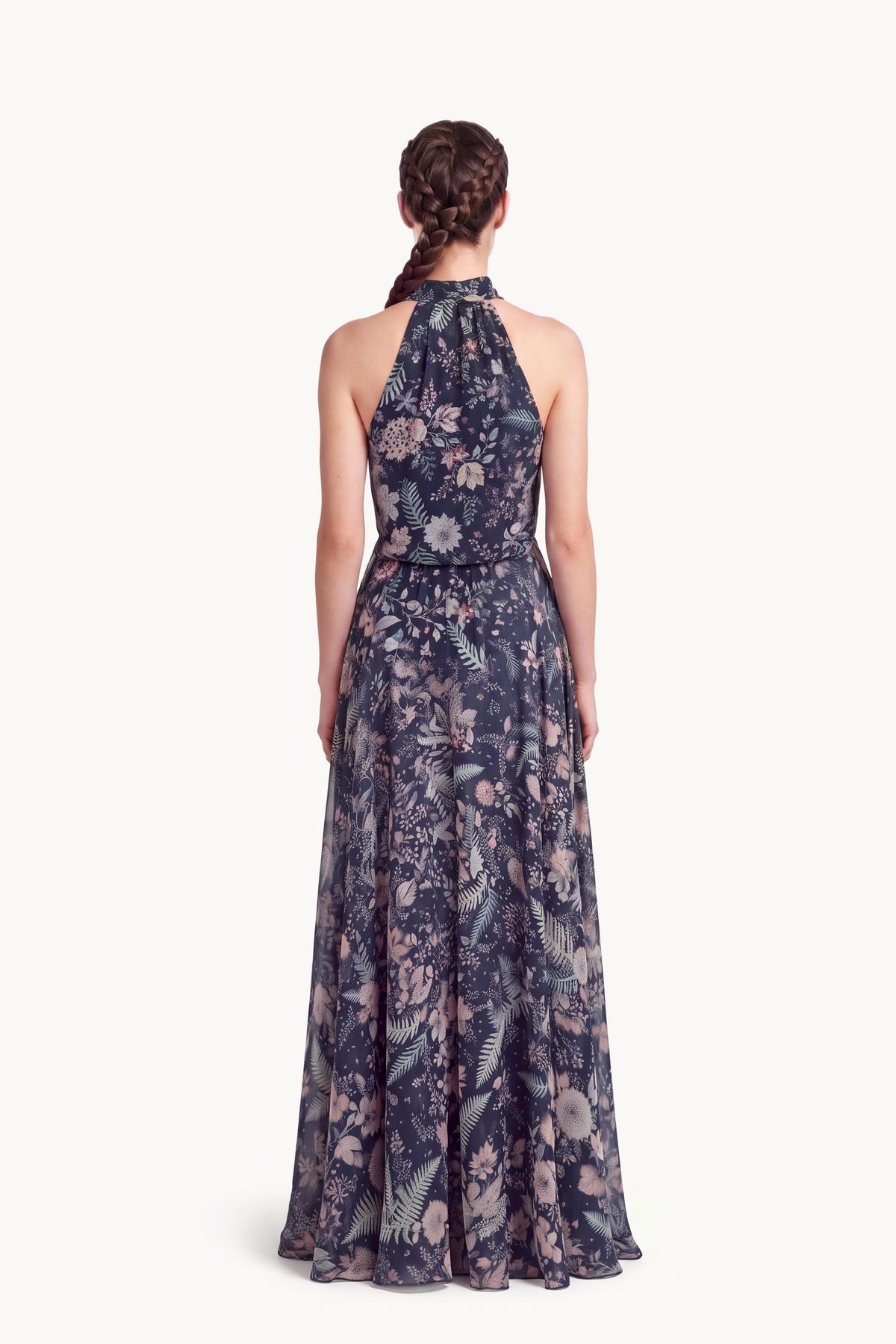 Botanical-Print Silk Chiffon Halter-Neck Gown and Cape