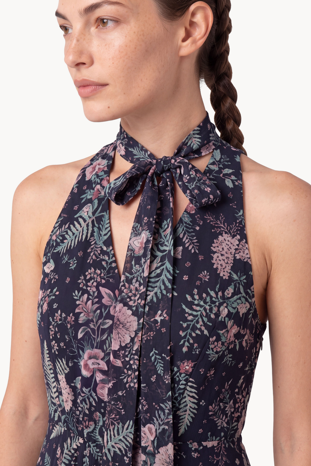 Botanical-Print Silk Chiffon Halter-Neck Gown and Cape