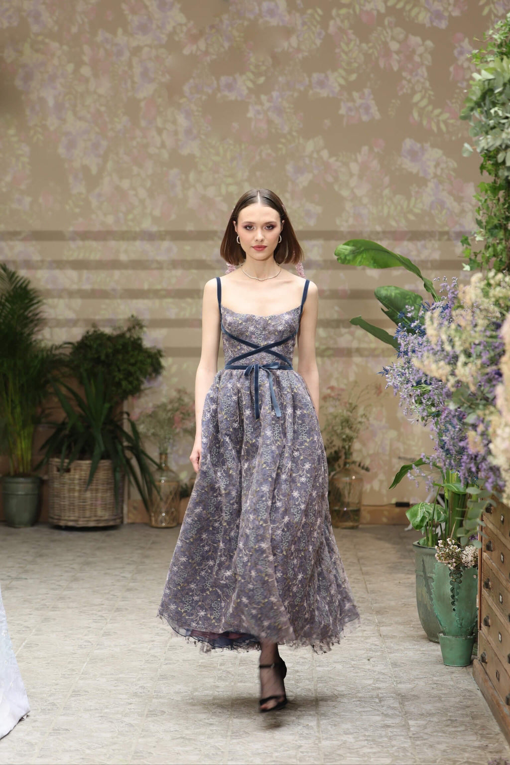 Evening Dress with Embroidered Floral Tulle