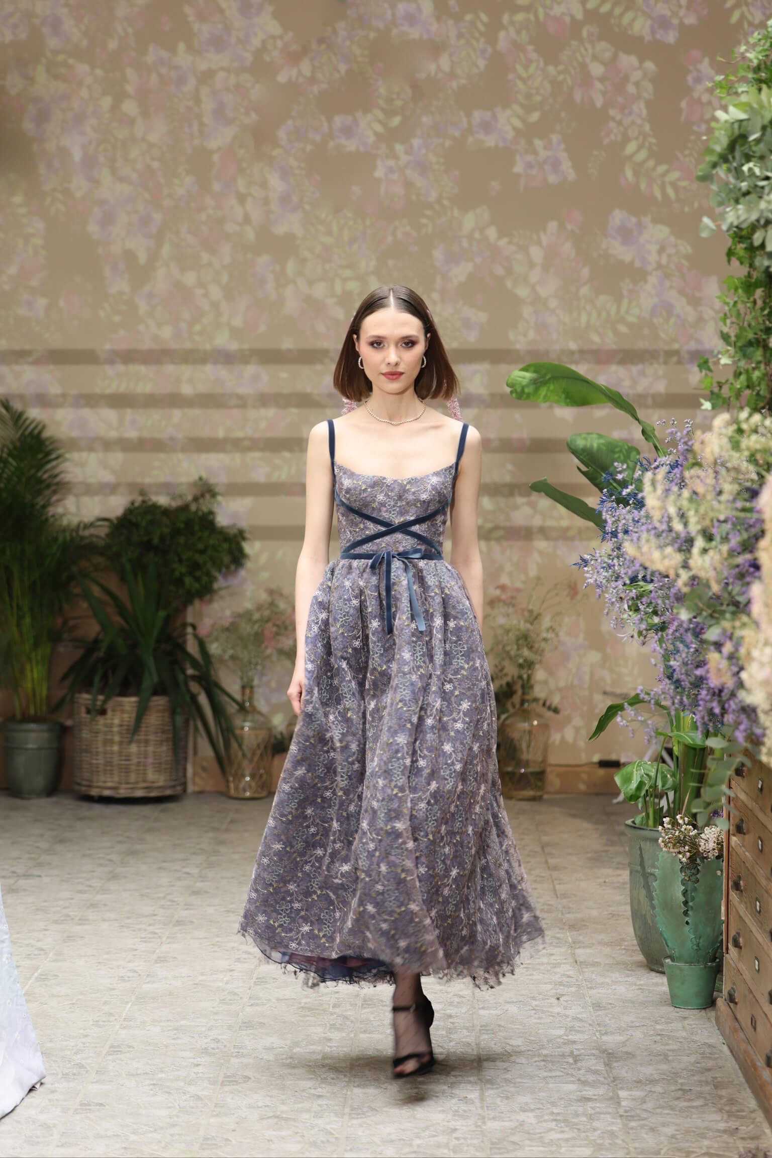 Evening Dress with Embroidered Floral Tulle