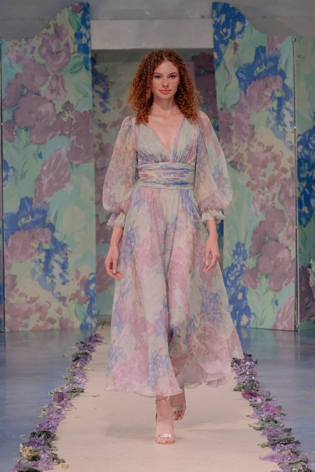 Abito in Chiffon Stampato Luna a Fiori Astratti