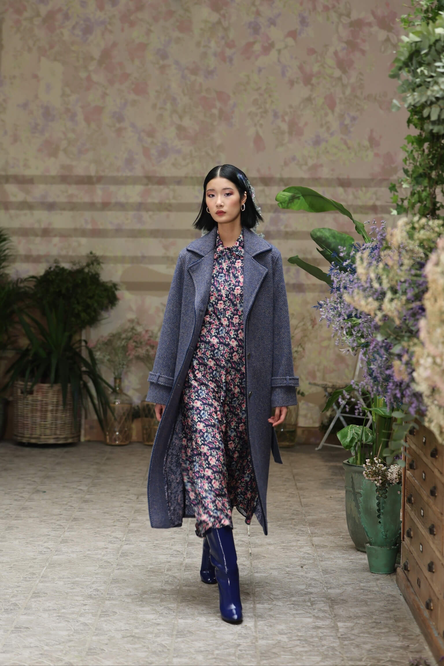Cappotto lungo in tweed a spina di pesce