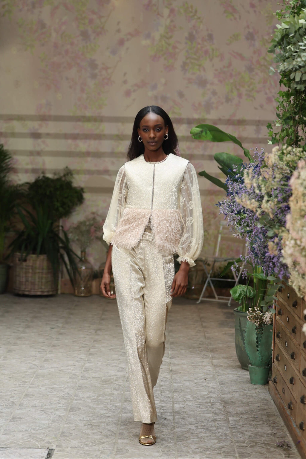 Pantaloni in lana lurex con frange