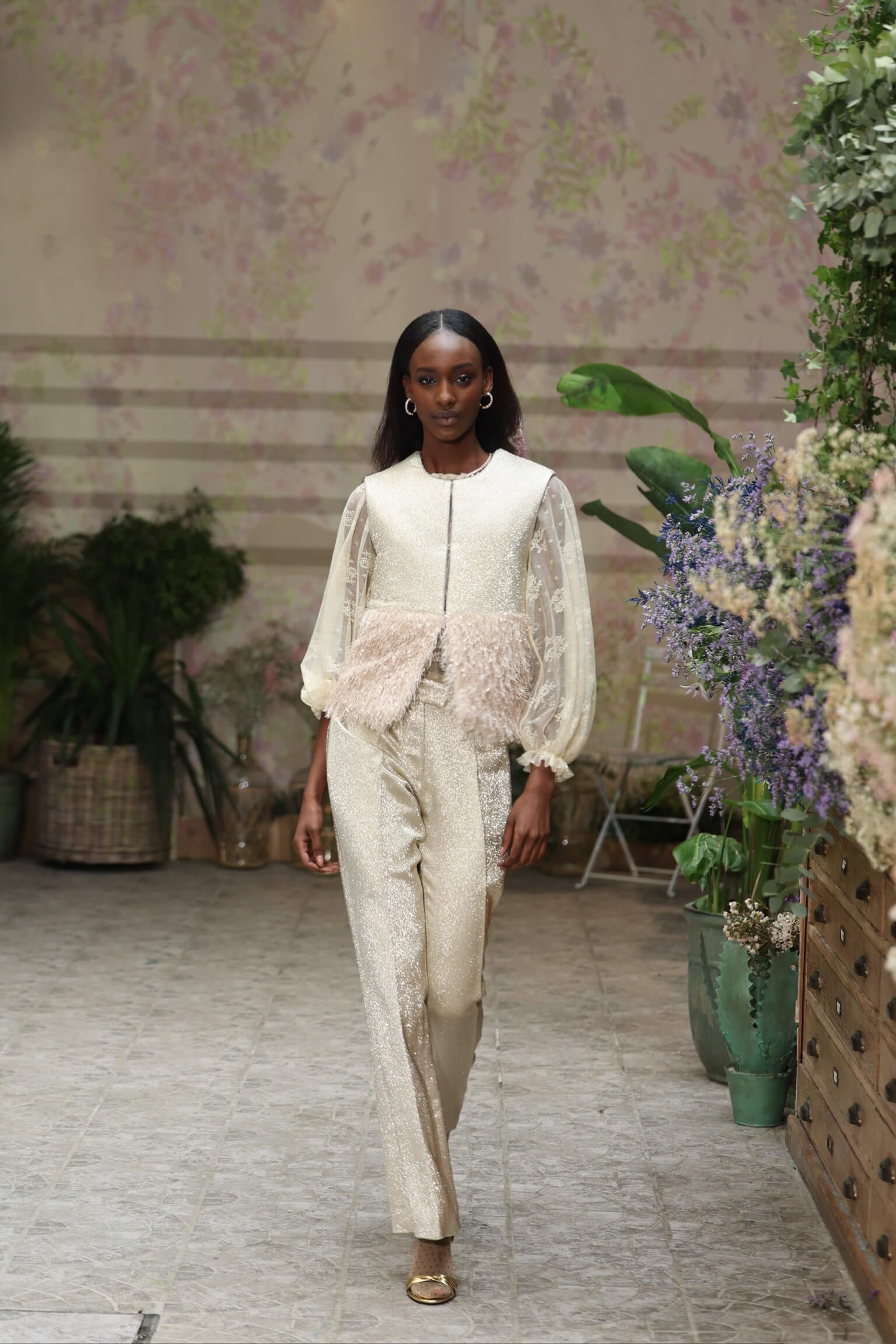 Pantaloni in lana lurex con frange