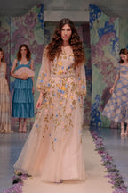 Abito Lungo in Tulle Ricamato a Maniche Lunghe