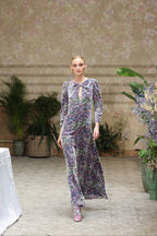 Vestito drappeggiato con fiocco e devoré floreale