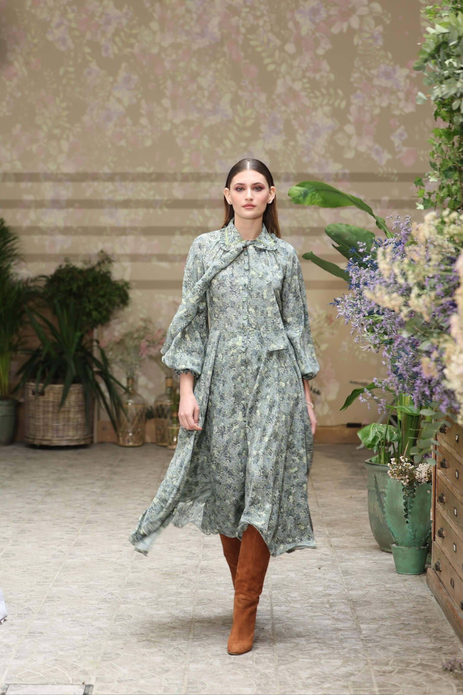 Vestito chemisier in crepe de chine con micro fiori