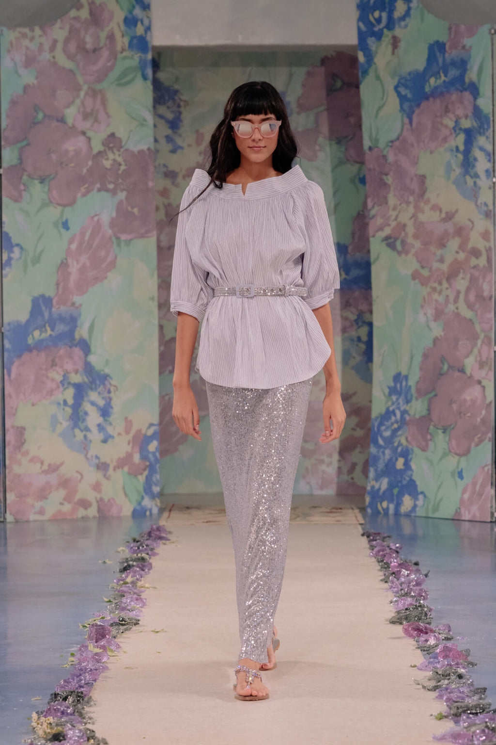 Camicia Oversize in Cotone Elasticizzato a Righe Lilla