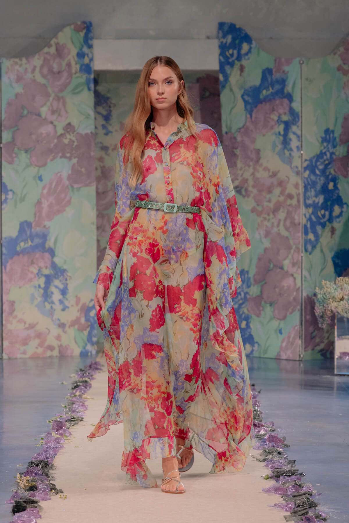 Chiffon Kaftan With Ruffled Finishings in Abstract Flowers