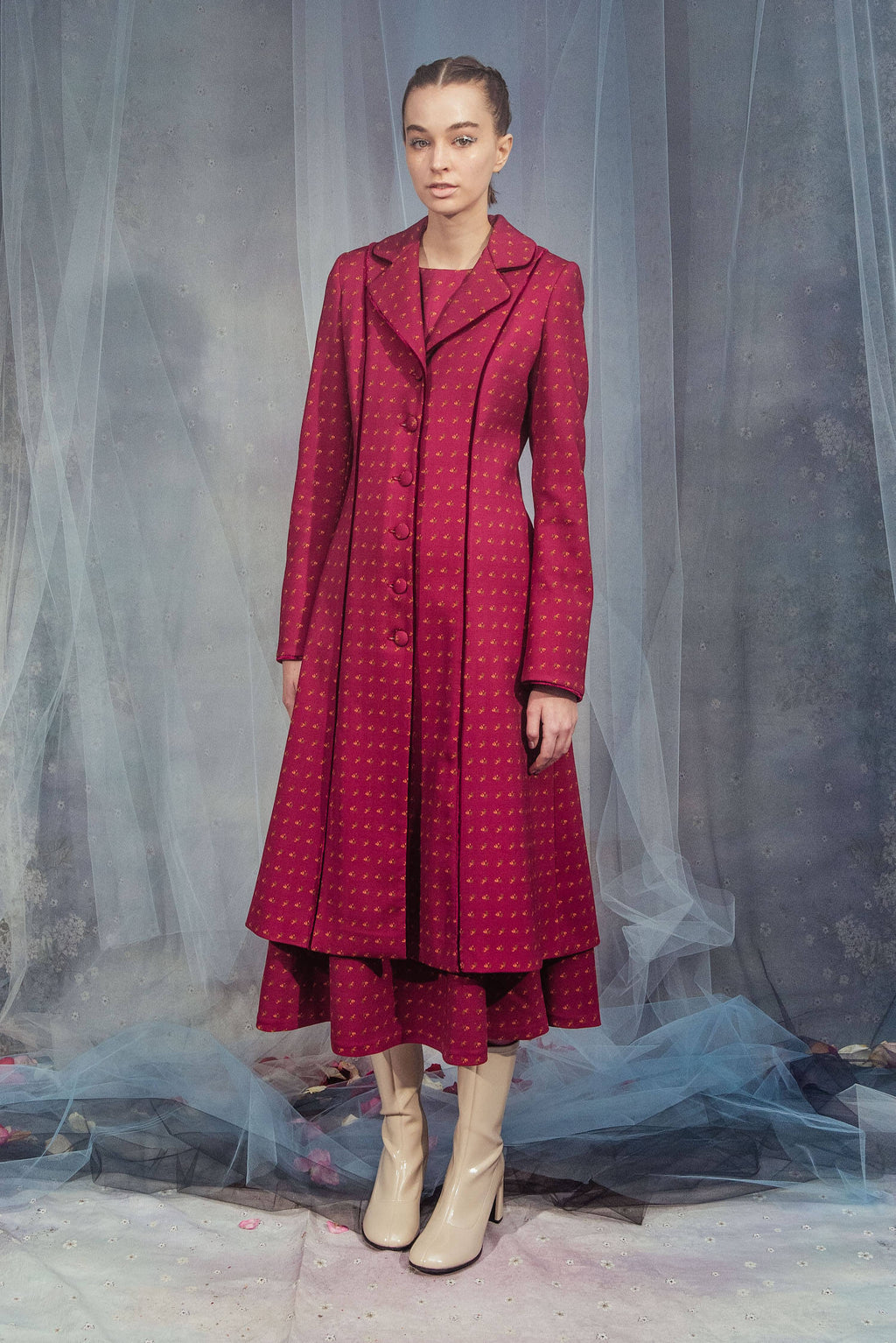 Vintage Buds Printed Long Wool Coat