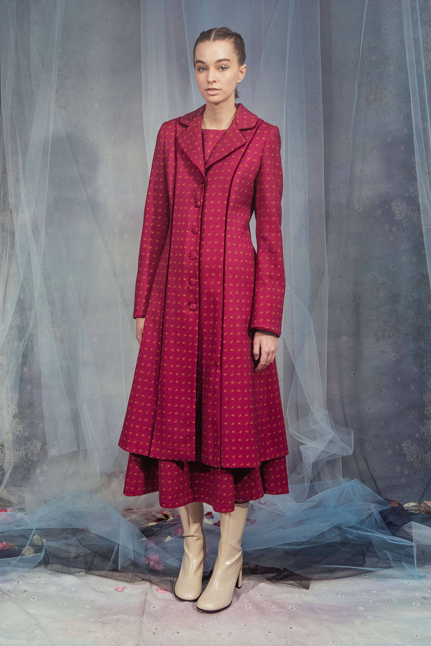 Vintage Buds Printed Long Wool Coat