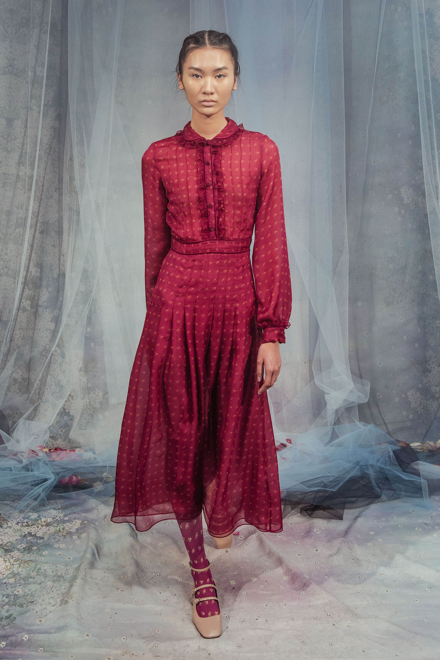 Vintage Buds Chiffon Crepone Midi Dress