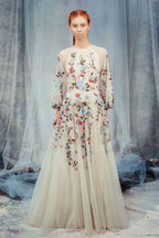 Abito maxi in tulle ricamato con fiori