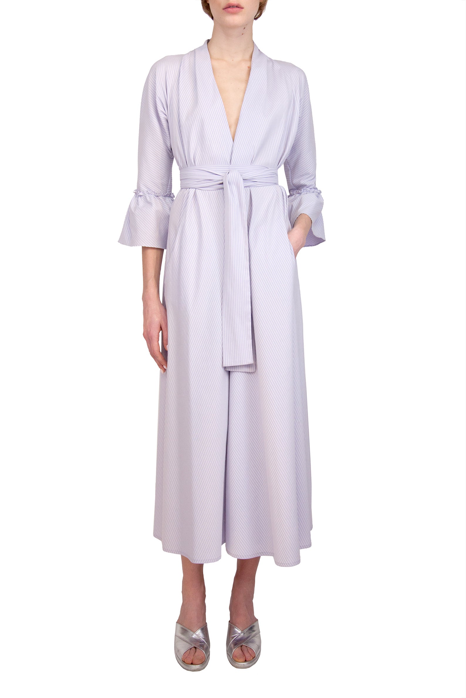 Vestito Luisa in cotone elasticizzato a righe lilla/bianco