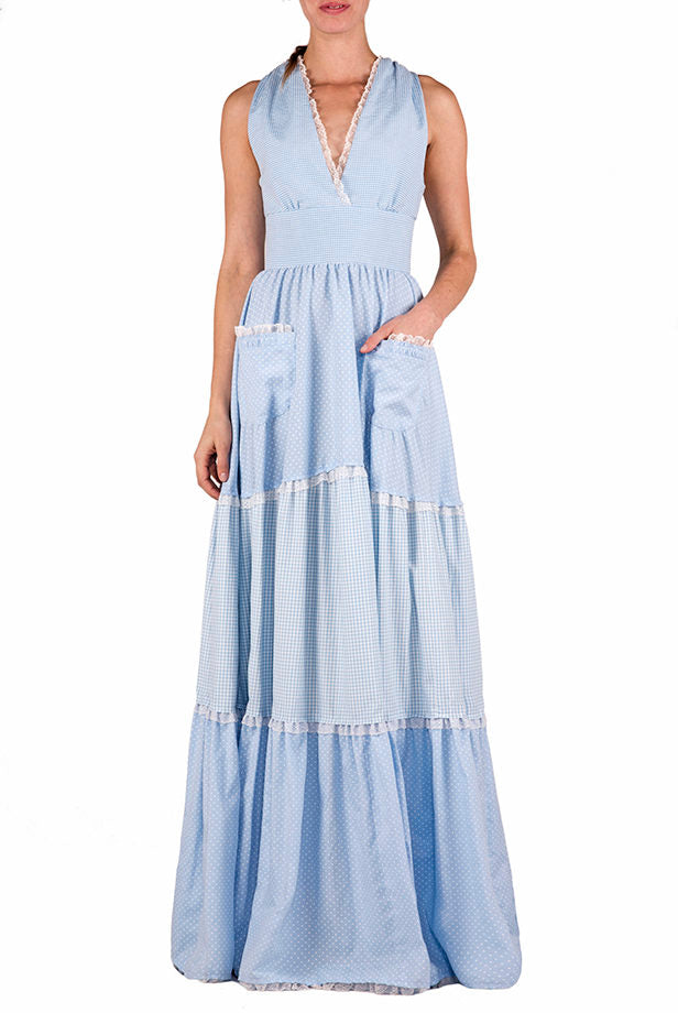 Abito maxi a balze in cotone misto