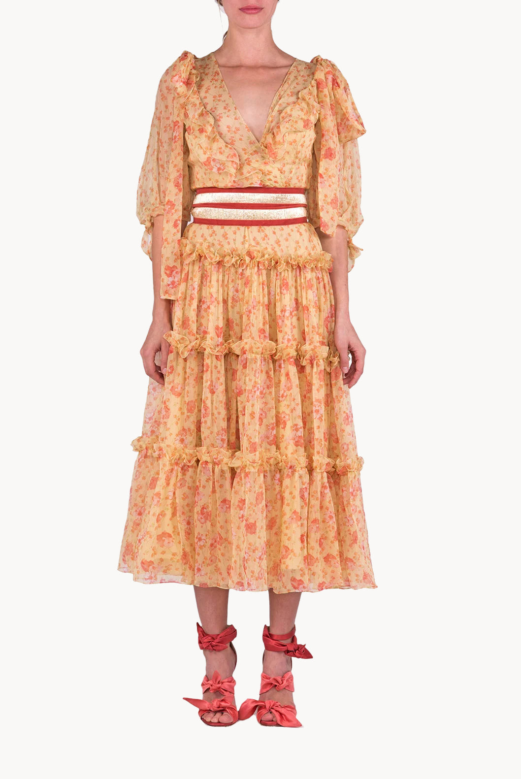 Floral Chiffon Flounces Midi Dress