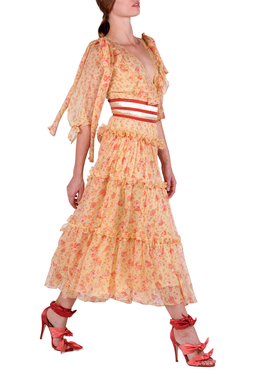 Abito midi in chiffon floreale con volant