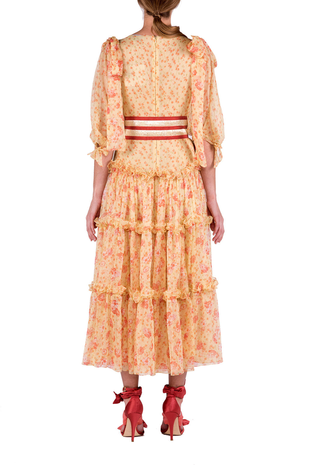 Abito midi in chiffon floreale con volant