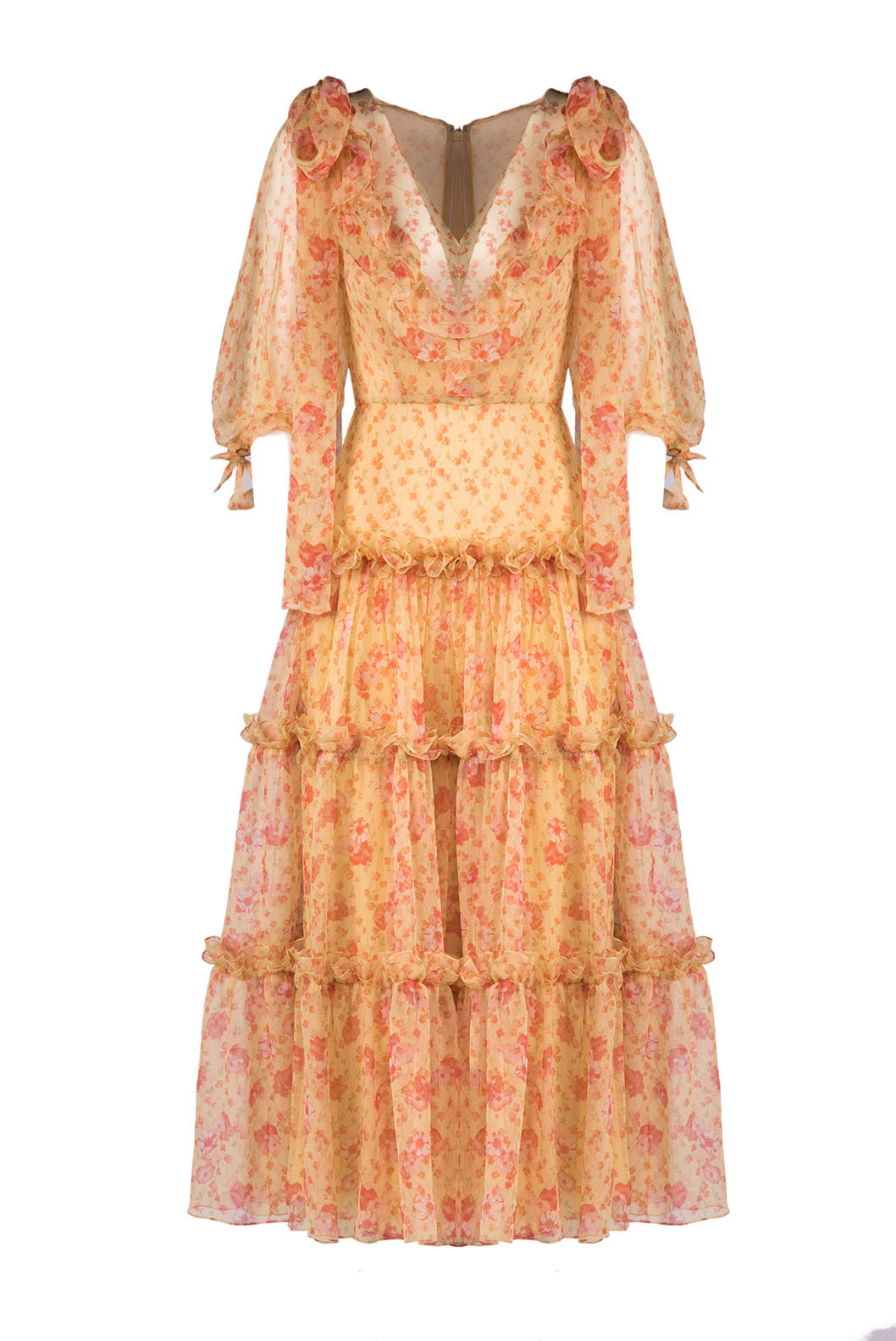 Abito midi in chiffon floreale con volant