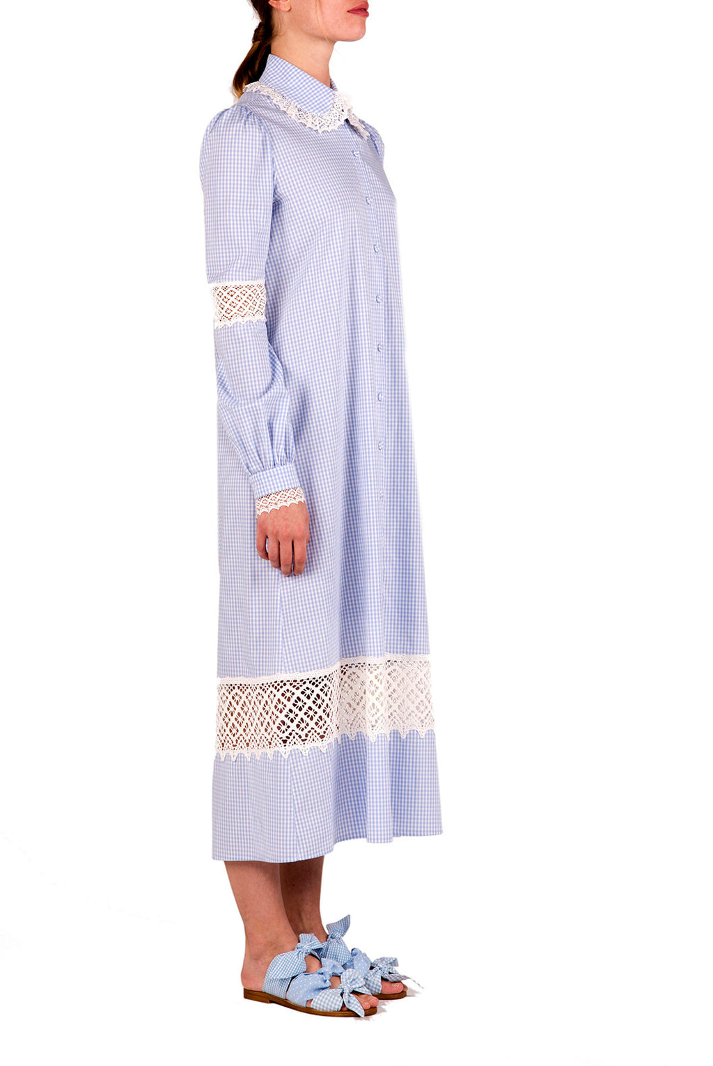 Abito camicia in cotone vichy con pizzo