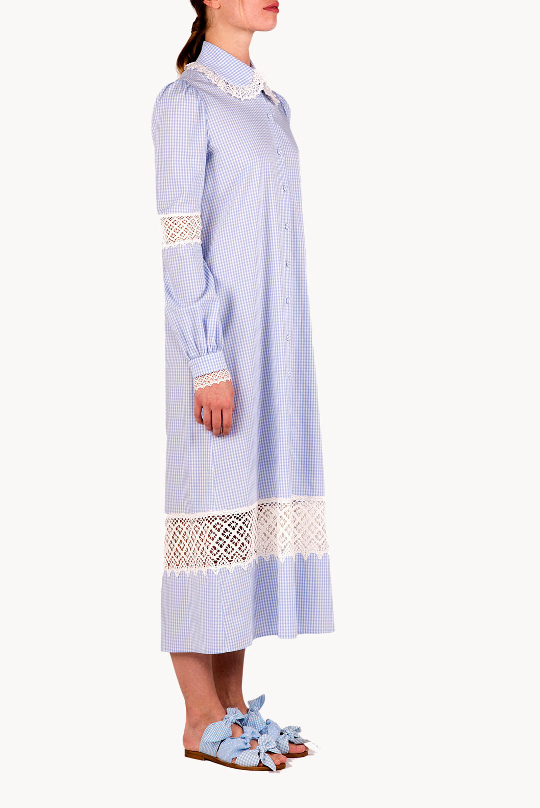 Abito camicia in cotone vichy con pizzo