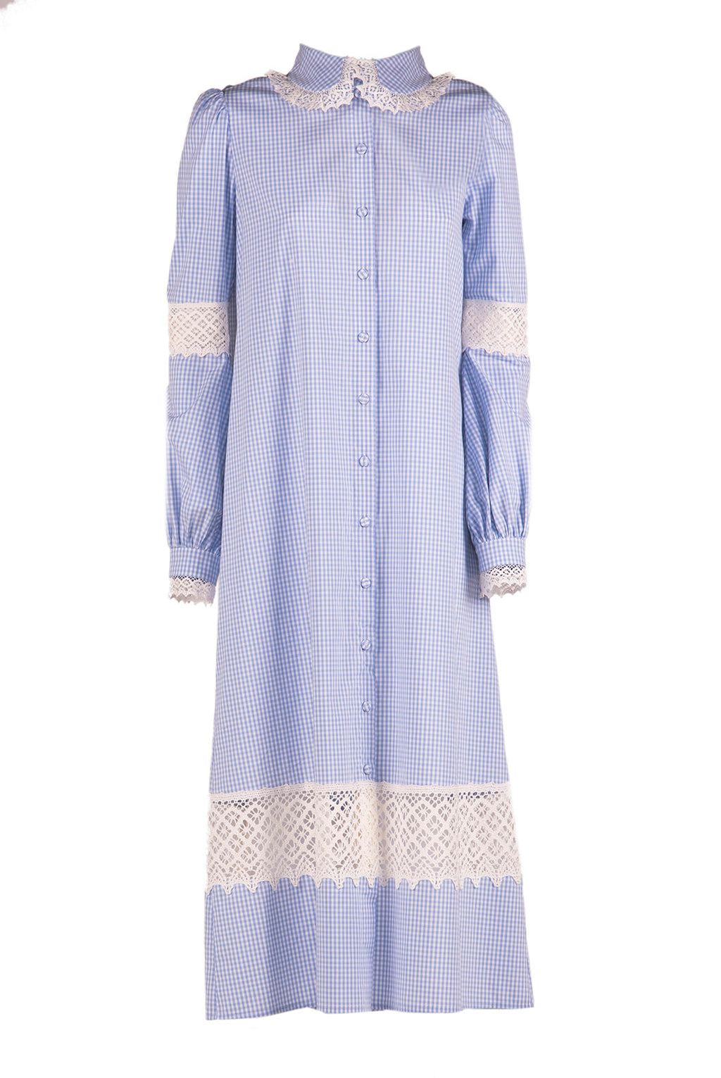 Abito camicia in cotone vichy con pizzo